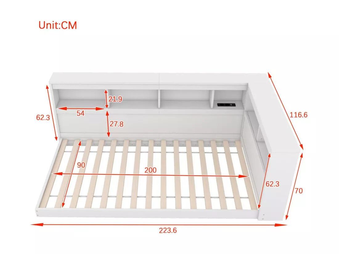 Lit banquette 90x200cm - avec Ports de USB et rangements - Blanc
