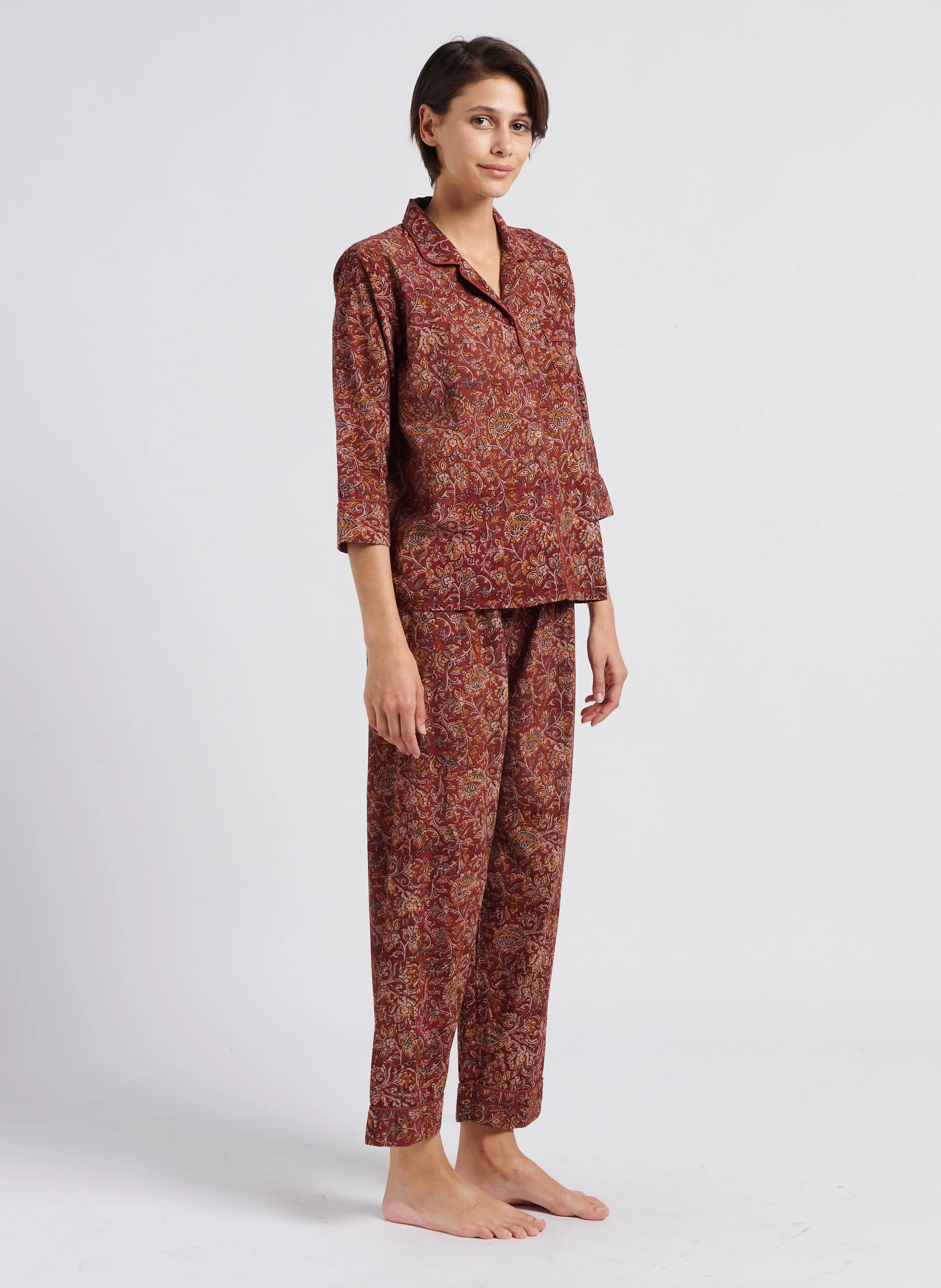 HOMEWEAR PYJAMA - Ensemble pyjama à motif floral en coton | Marron