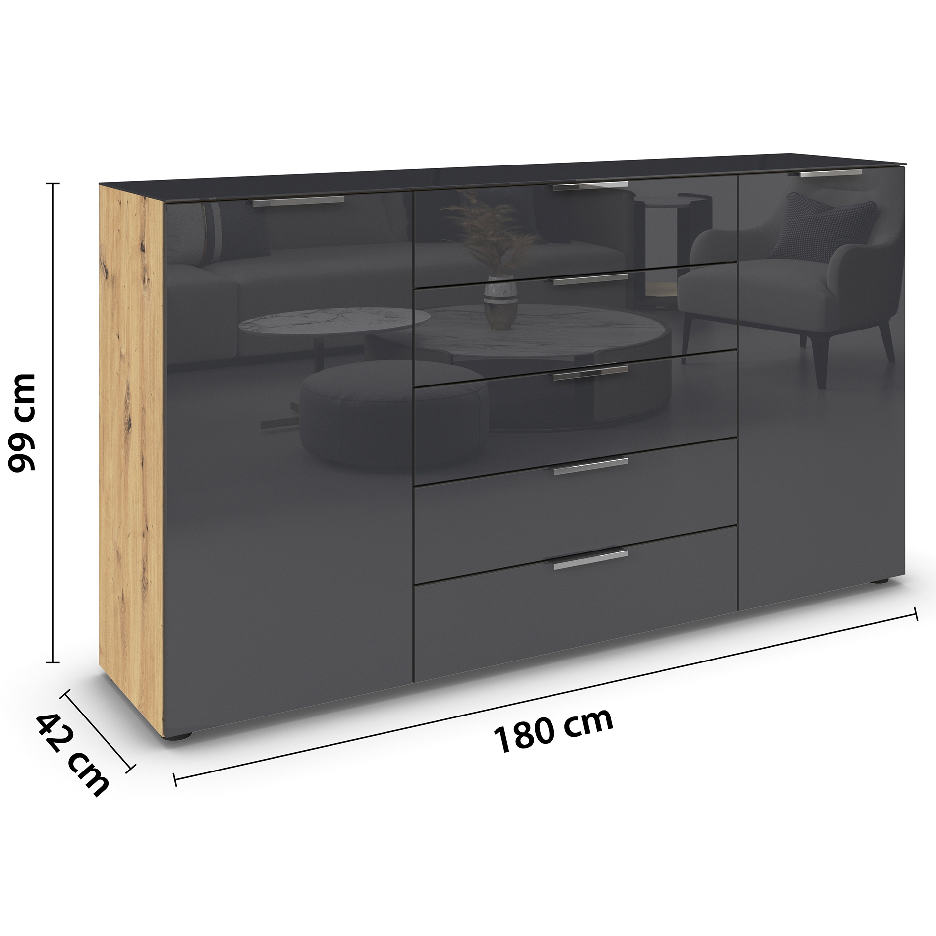 Kommode - Artisan Eiche-Basaltglas - Chromgriffe - 180 cm