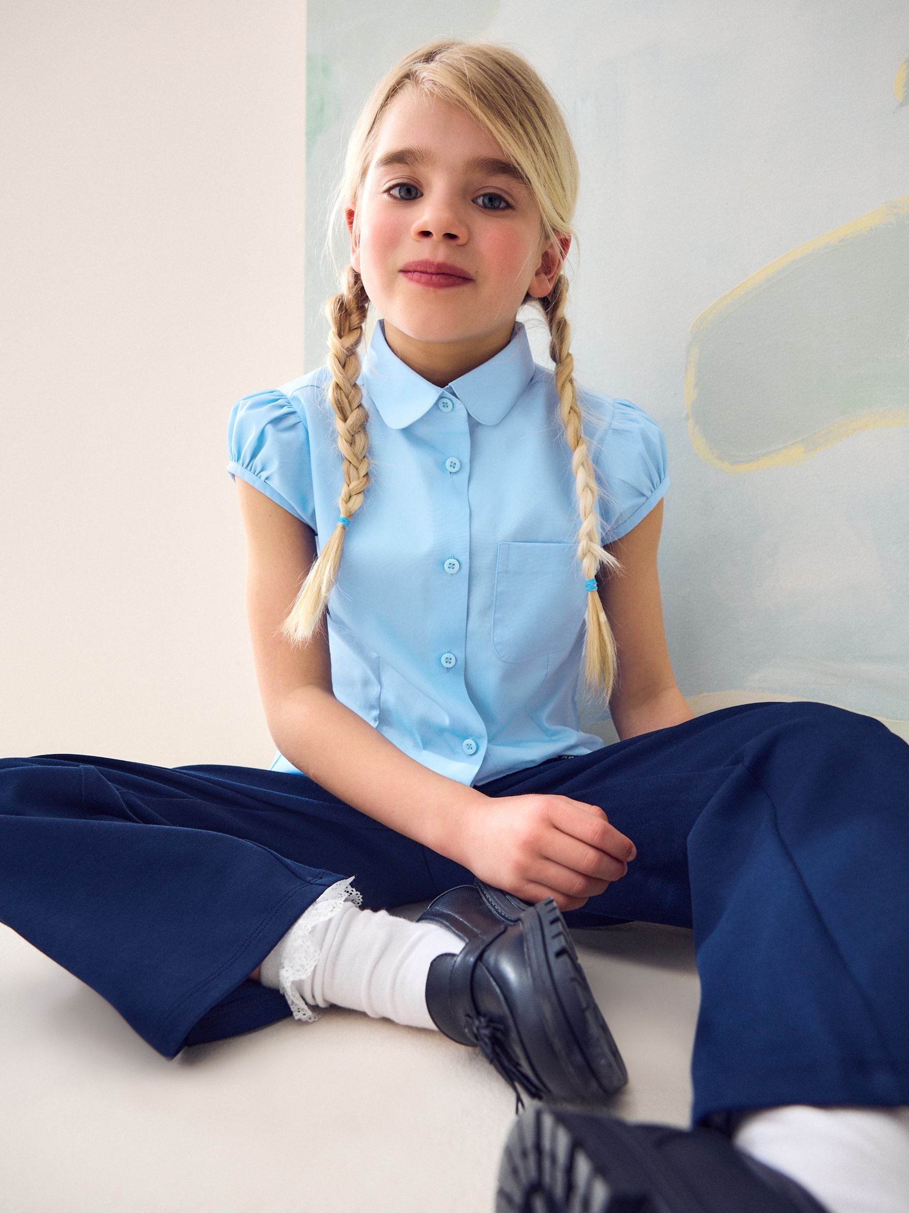 Blauw - Schoolblouse met pofmouwen (3-16 jr)