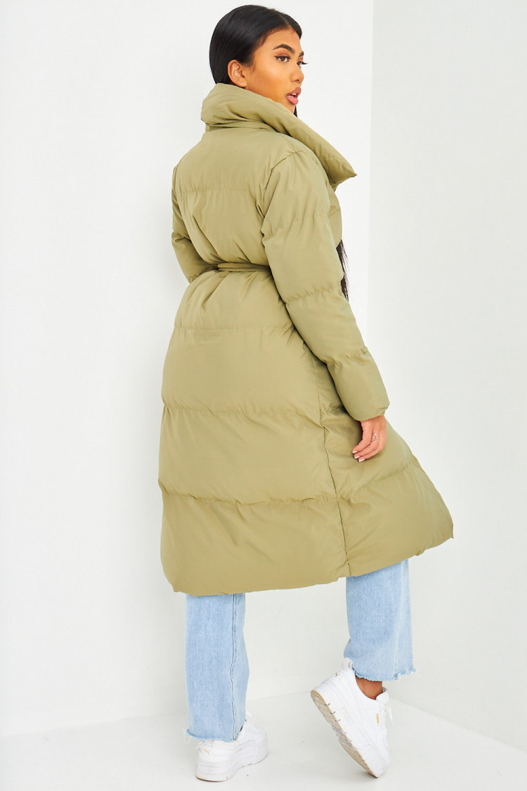 Doudoune longue kaki ceinturée