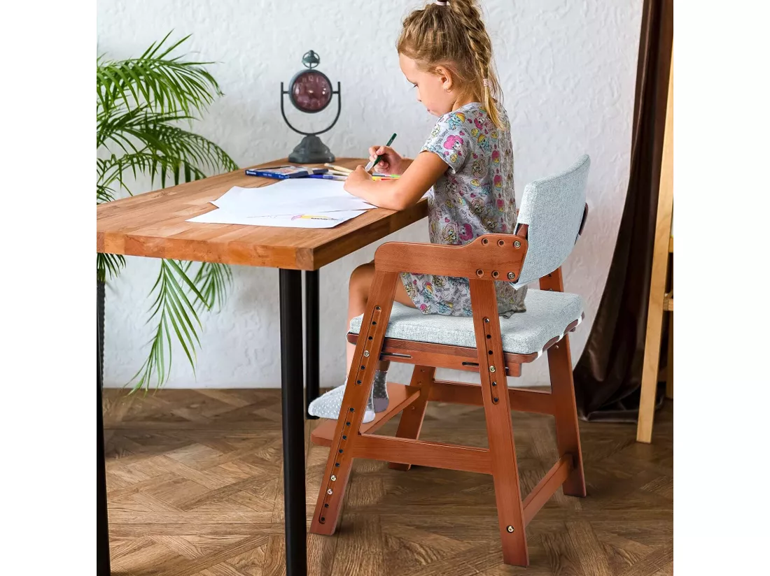 Chaise Haute Bébés Évolutif en Bois de Hêtre, 6 Hauteurs Réglables, Coussins Amovible Lavable, Multifonction Chaise Enfant Stable Solide,Marron