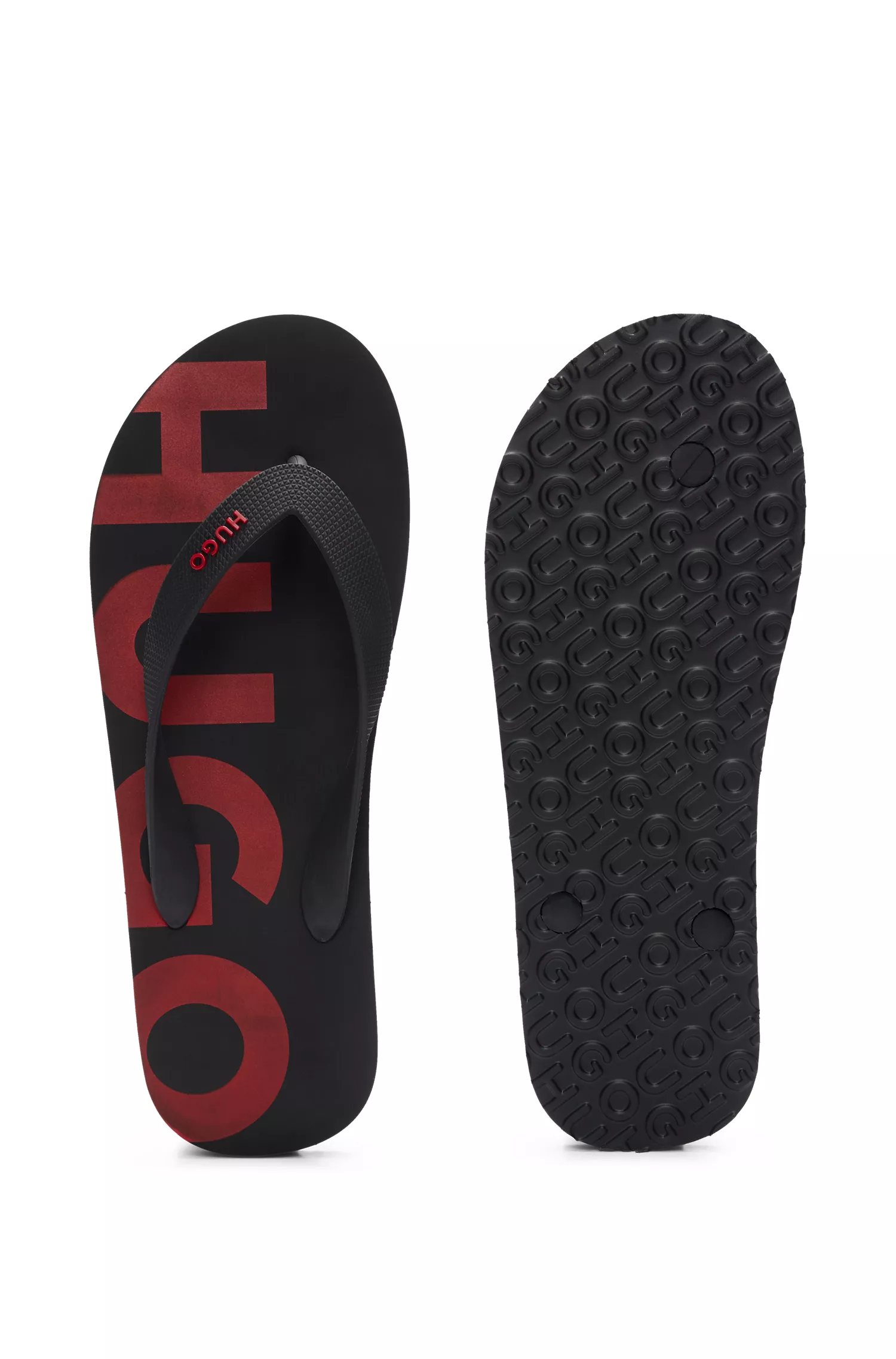 Chinelo HUGO com tira vermelha com logo e palmilha personalizada.