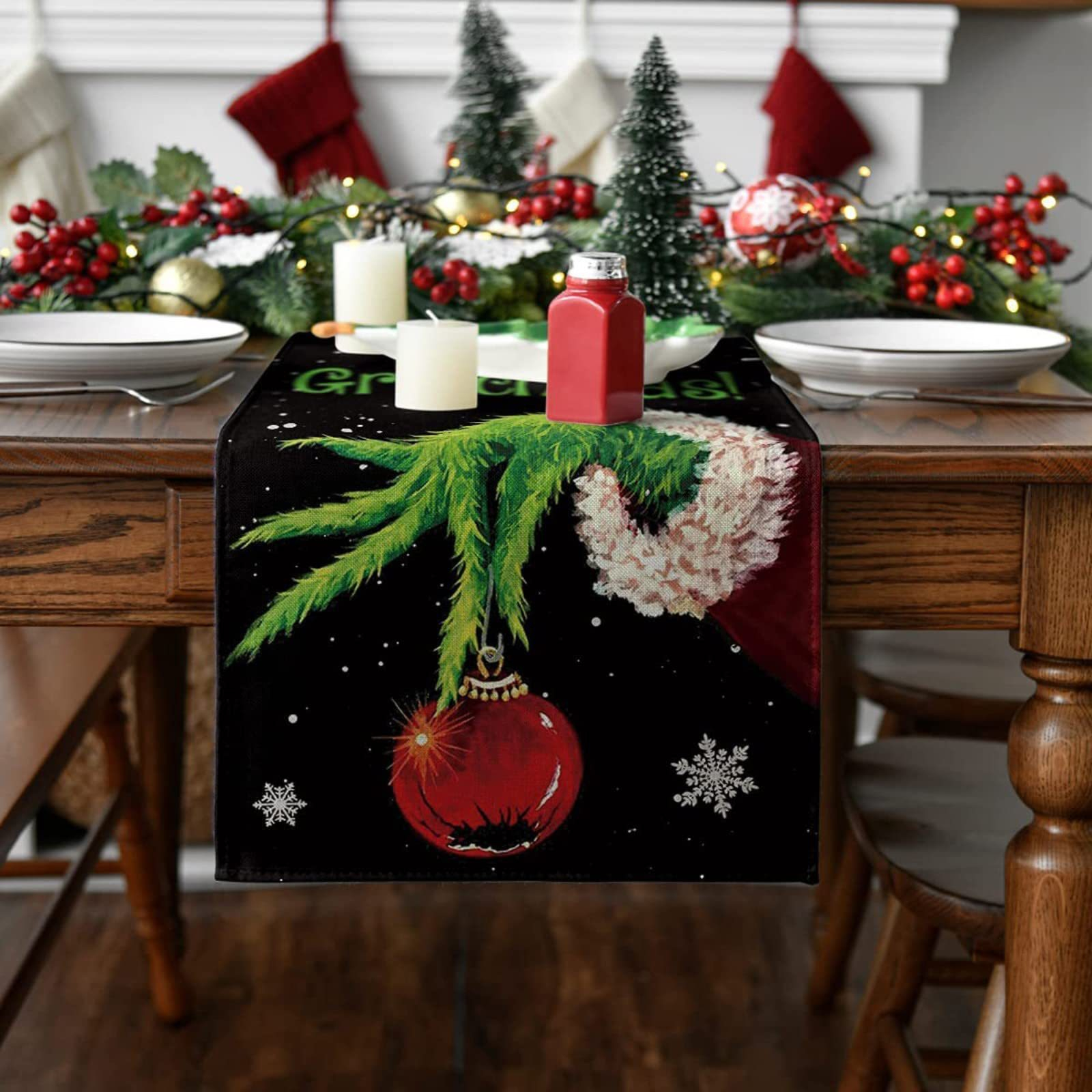(183x34cm) Weihnachts Tischläufer Christmas Tischtuch Home Deko - Grüner Bösewicht Hand