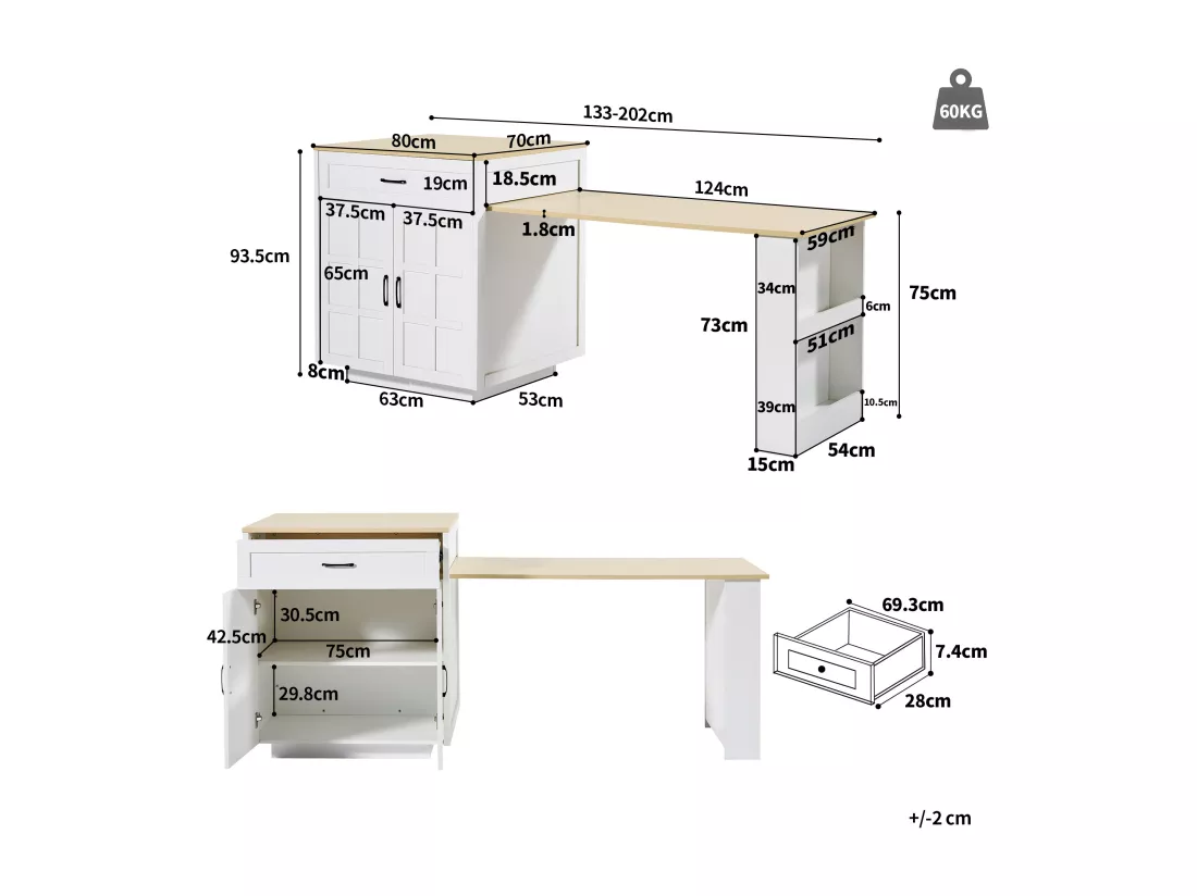 Ilot central de cuisine avec 2 portes et 2 tiroirs - Plateau extensible - 133(202)x59x93.5 cm - 2 à 6 personnes - Blanc+naturel