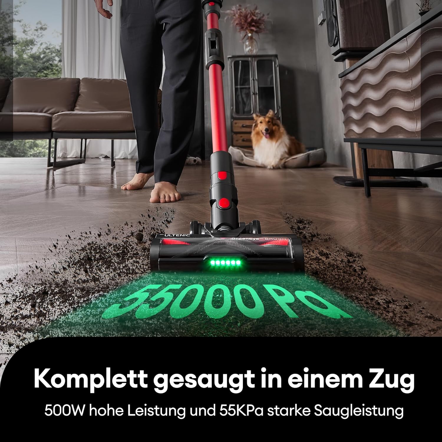 Ultenic Akku Staubsauger 50KPA/550W/60Min, 1,5L Staubsauger Kabellos, Touchscreen Display, Anti-Tangle Bürste, Wandmontierte Ladestation Grün Licht, 180° Faltbarer, für Tierhaare/Teppiche/Hartböden