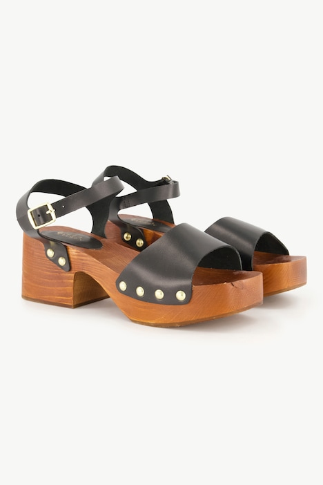 Leder-Clog-Sandaletten, Nieten, Holzsohle, Blockabsatz