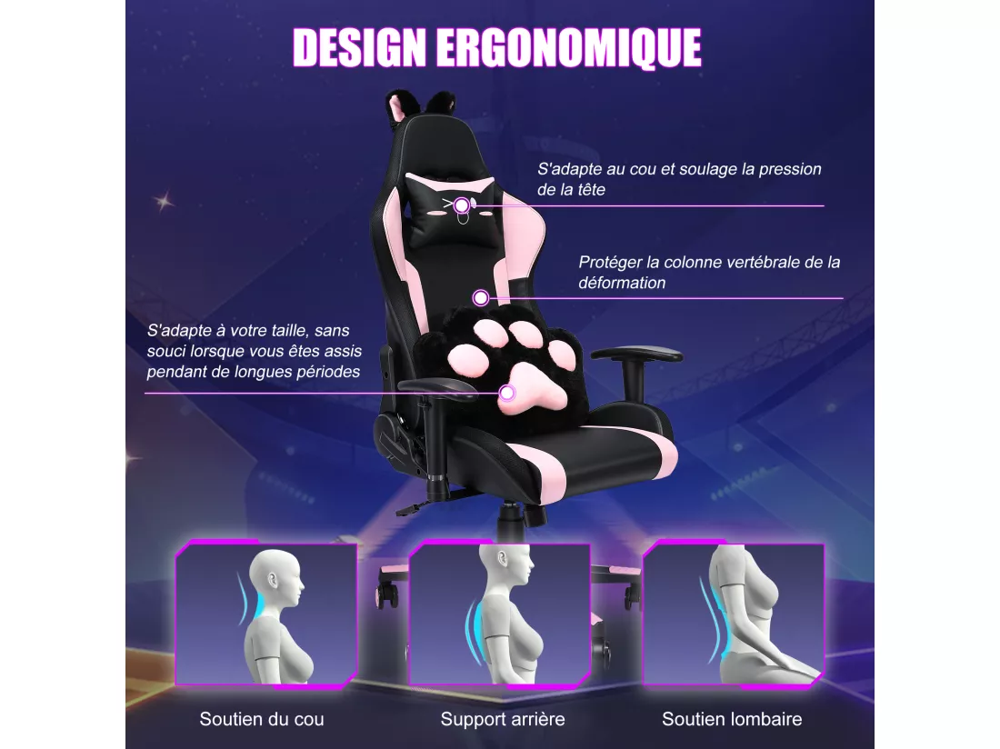 Chaise de jeu avec haut-parleurs, vidéo et lumière RGB, chaise ergonomique de course, fauteuil inclinable en cuir PU, chaise d'ordinateur pivotante pour e-sport avec appui-tête, accoudoirs, support lombaire (repose-pieds, LED, haut-parleurs, rose)