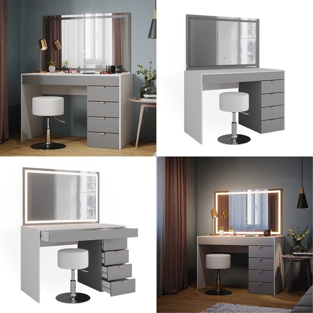 Vicco Schminktisch Elise Weiß Grau 115 x 76 cm modern Frisiertisch Schubladen LED-Spiegel Hocker