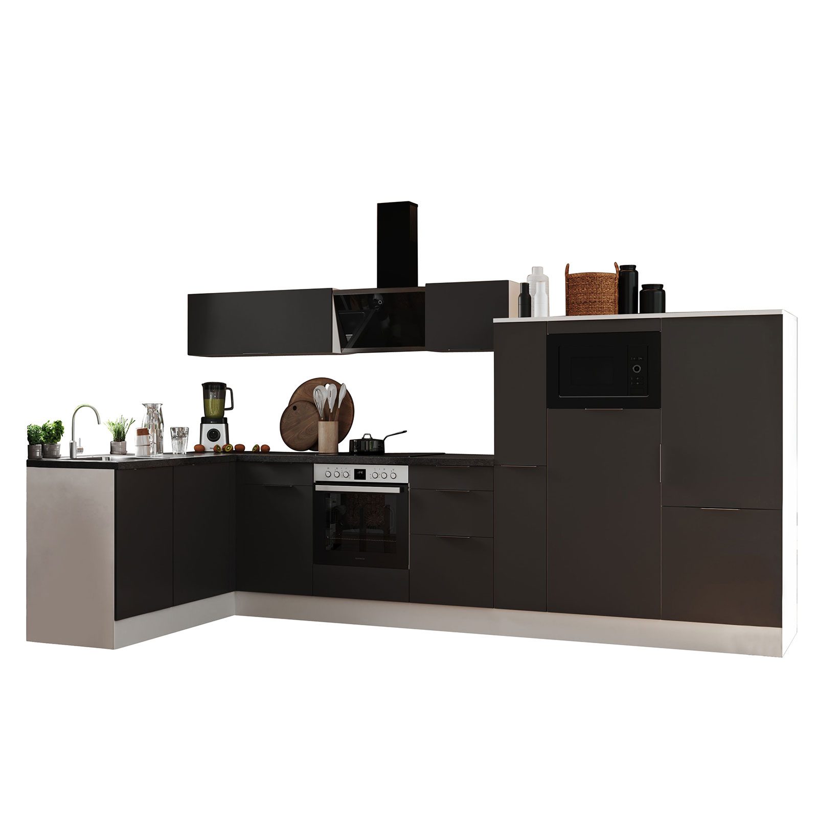 RESPEKTA Winkelküche - grau-matt - weiß matt - mit E-Geräten - 370x175 cm