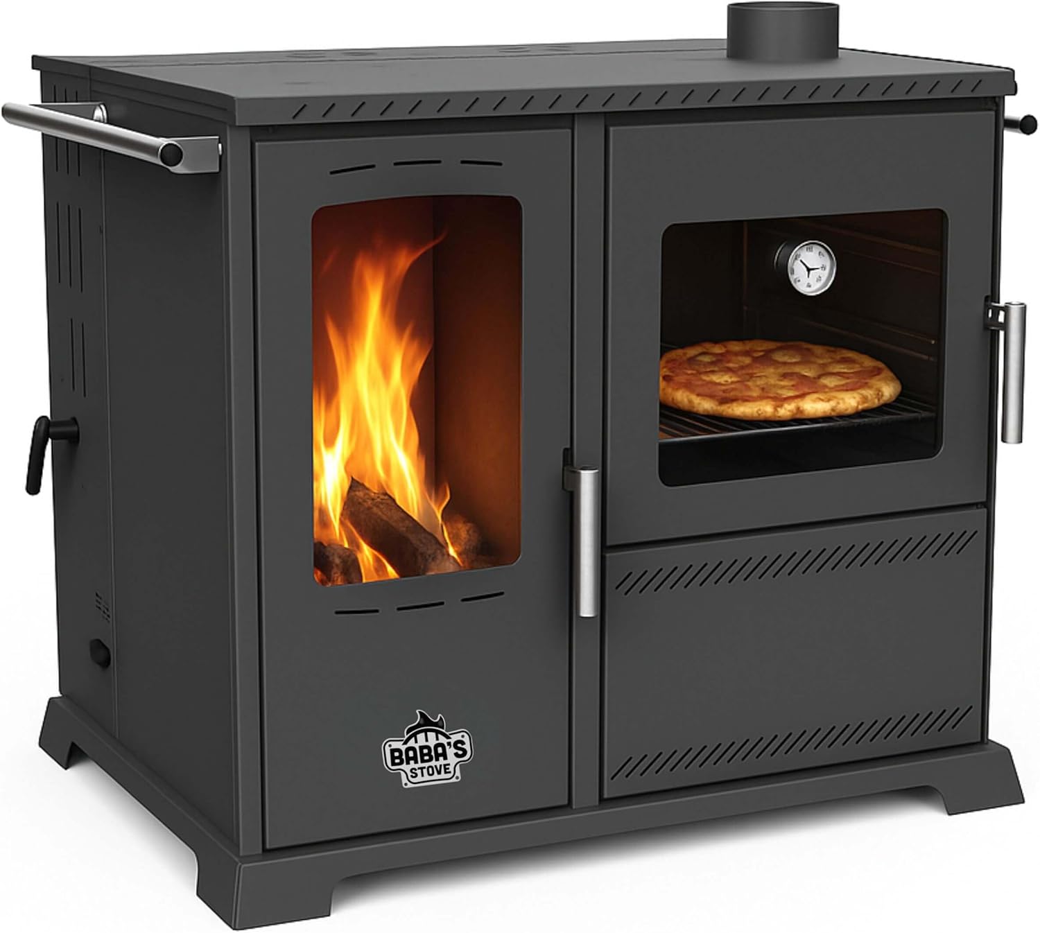 Babas Saphire Hybridofen Pellets und Holz Kombiofen Kaminofen mit Backfach und Herdplatte 10 kW Pelletofen ohne Strom Holzofen Holz Ofen Kamin