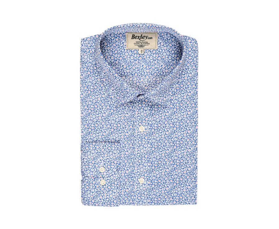 Chemise coton bleue imprimée motifs blancs et rouges - EDALBERT