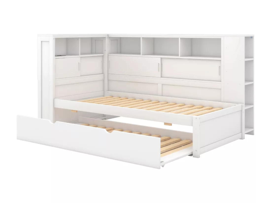 Lit gigogne en bois massif 90x200cm avec Ports de charge USB - entouré d'un cercle de rangements - Blanc