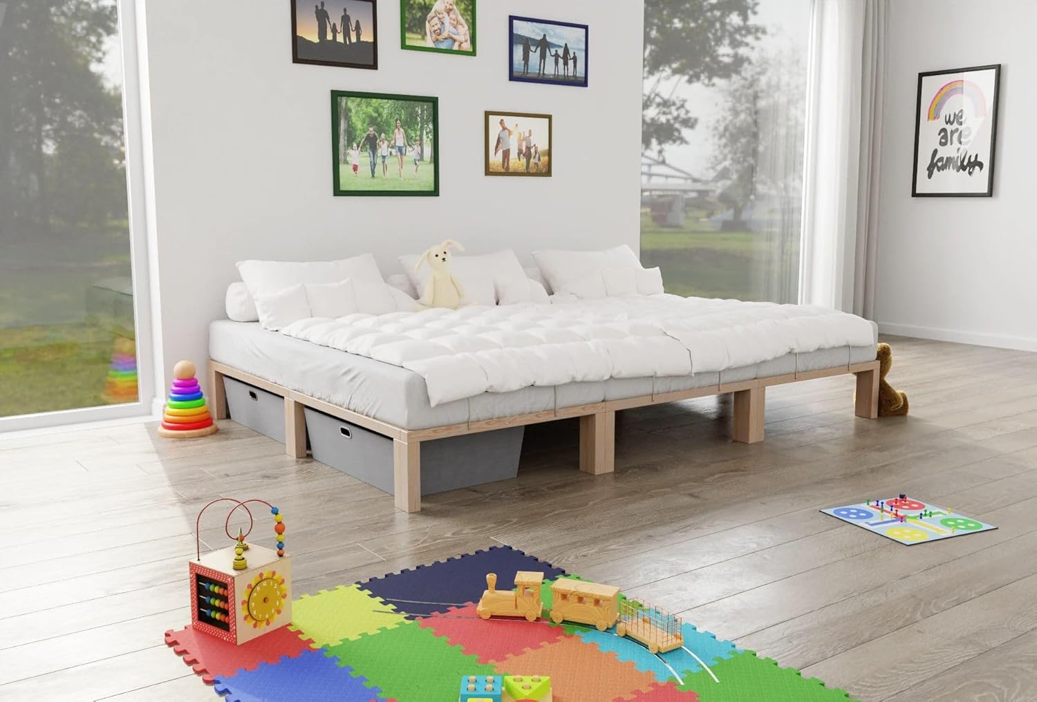 Kiefer massiv Holzbett G56, naturbelassen, mit Standardfuß 25 cm Höhe, inkl. Lattenrost und Matratzenbügeln, Liegefläche 210x200 cm Best. aus 3X 70 x 200 cm