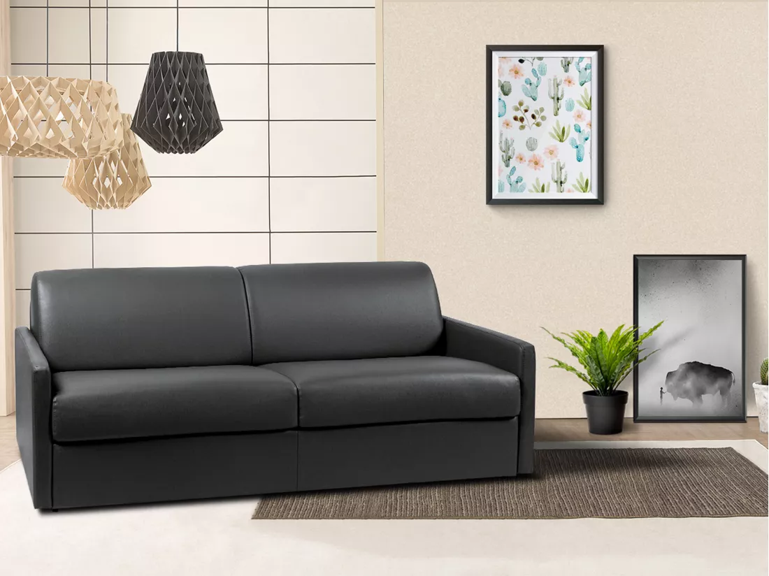 Canapé 4 places convertible express en simili noir - Couchage 160 cm - Matelas 18 cm CALIFE