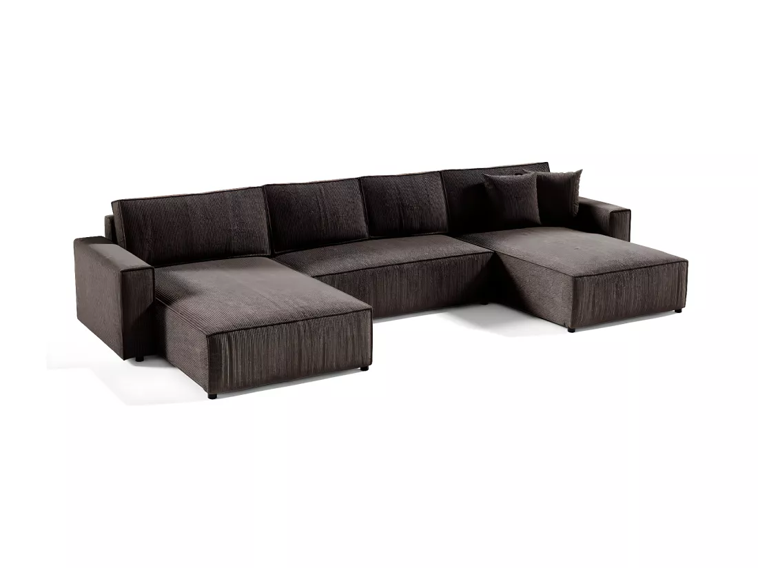 Canapé U 5 places convertible coffre Isaac velours côtelé Marron