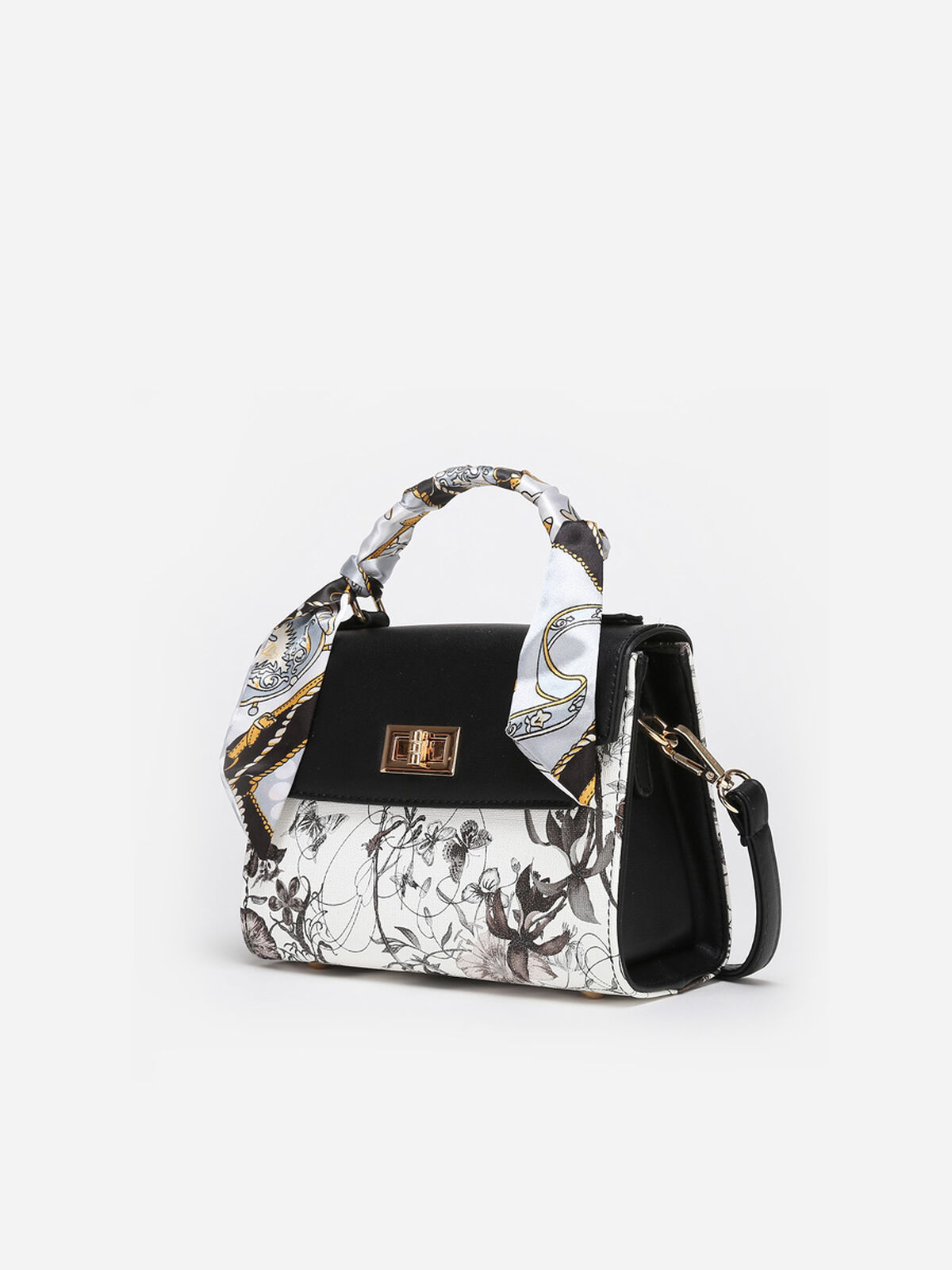 Sac à main à imprimé floral et foulard amovible- Noir