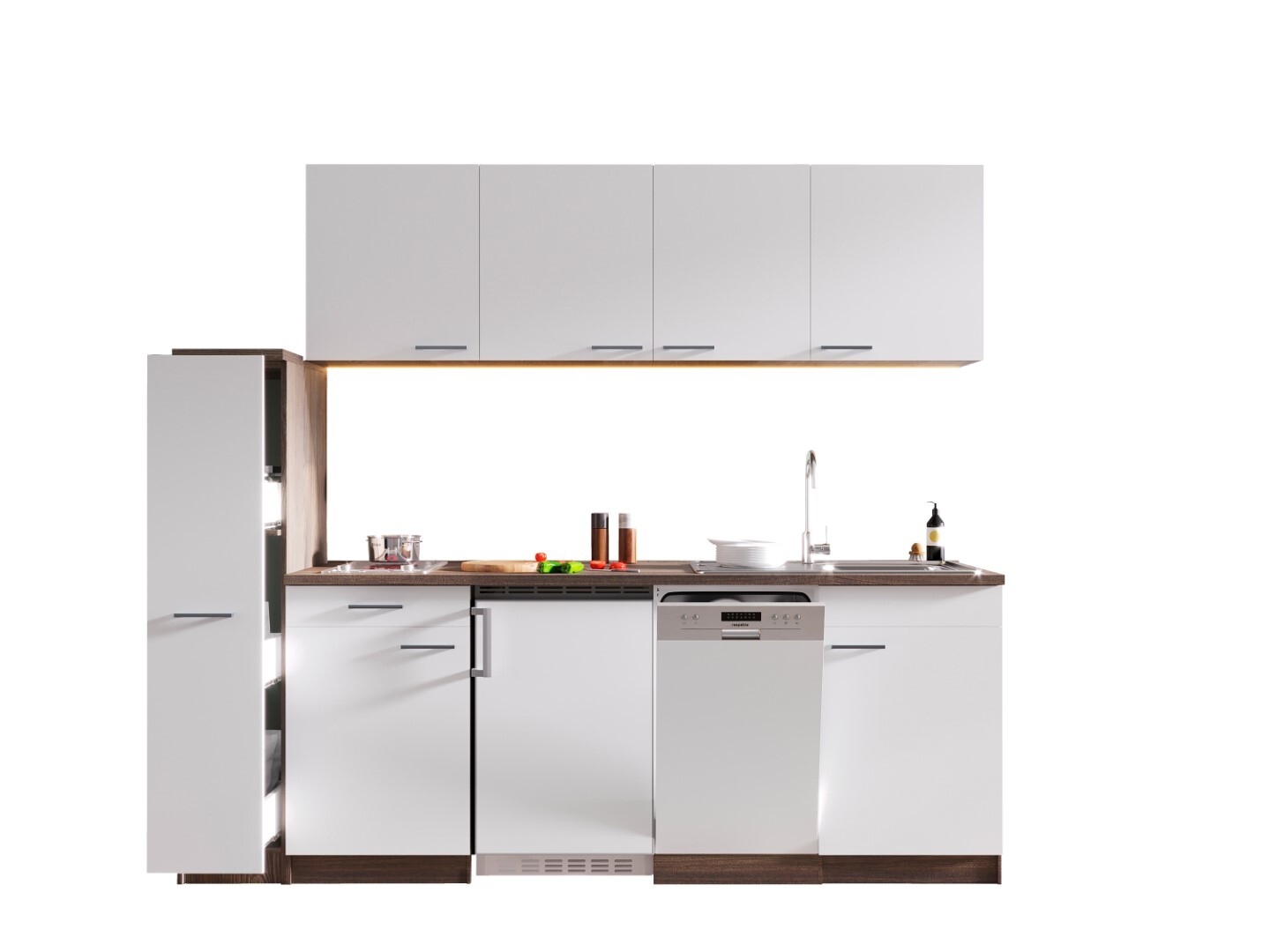 RESPEKTA Singleküche OLIVER - weiß - Eiche York - mit E-Geräten - Glaskeramikkochfeld - 225 cm