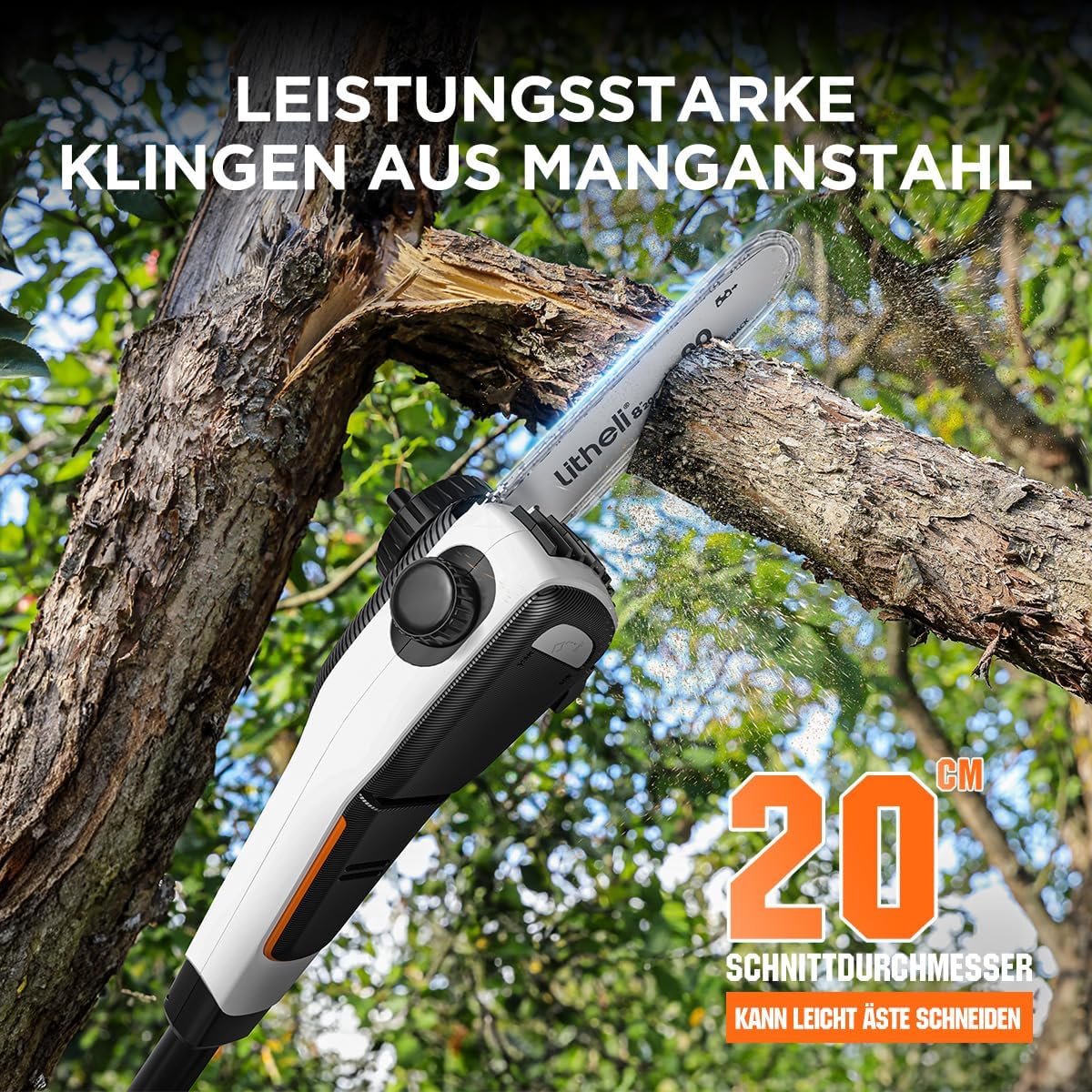 Litheli U20 Akku Hochentaster 20V inkl. 3 Ketten, Teleskop-Hochentaster mit 10000 mAh Akku, Akku-Teleskopsäge mit 8 m/s Schnittgeschwindigkeit zum Schneiden und Beschneiden von Ästen