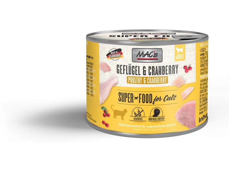 MAC's Nassfutter Geflügel und Cranberry 200 g Alleinfuttermittel für ausgewachsene Katzen