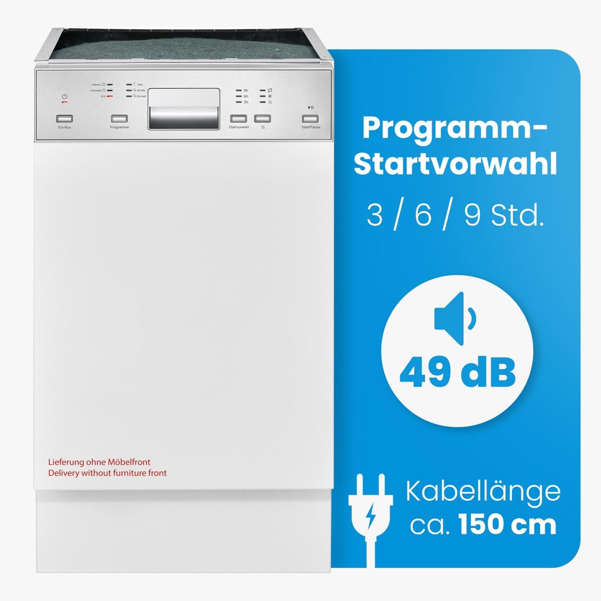 Bomann® Geschirrspüler 45 cm teilintegriert | sehr leise | Spülmaschine 45 cm automatische Türöffnung | inkl. Aquastop | Reinigungstemperaturen: 40°-65°C | 6 Programme | Geschirrspüler - GSPE 7422 TI