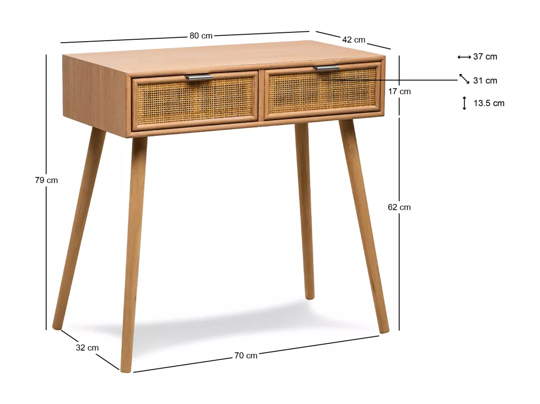 Console 2 tiroirs en bois et rotin naturel