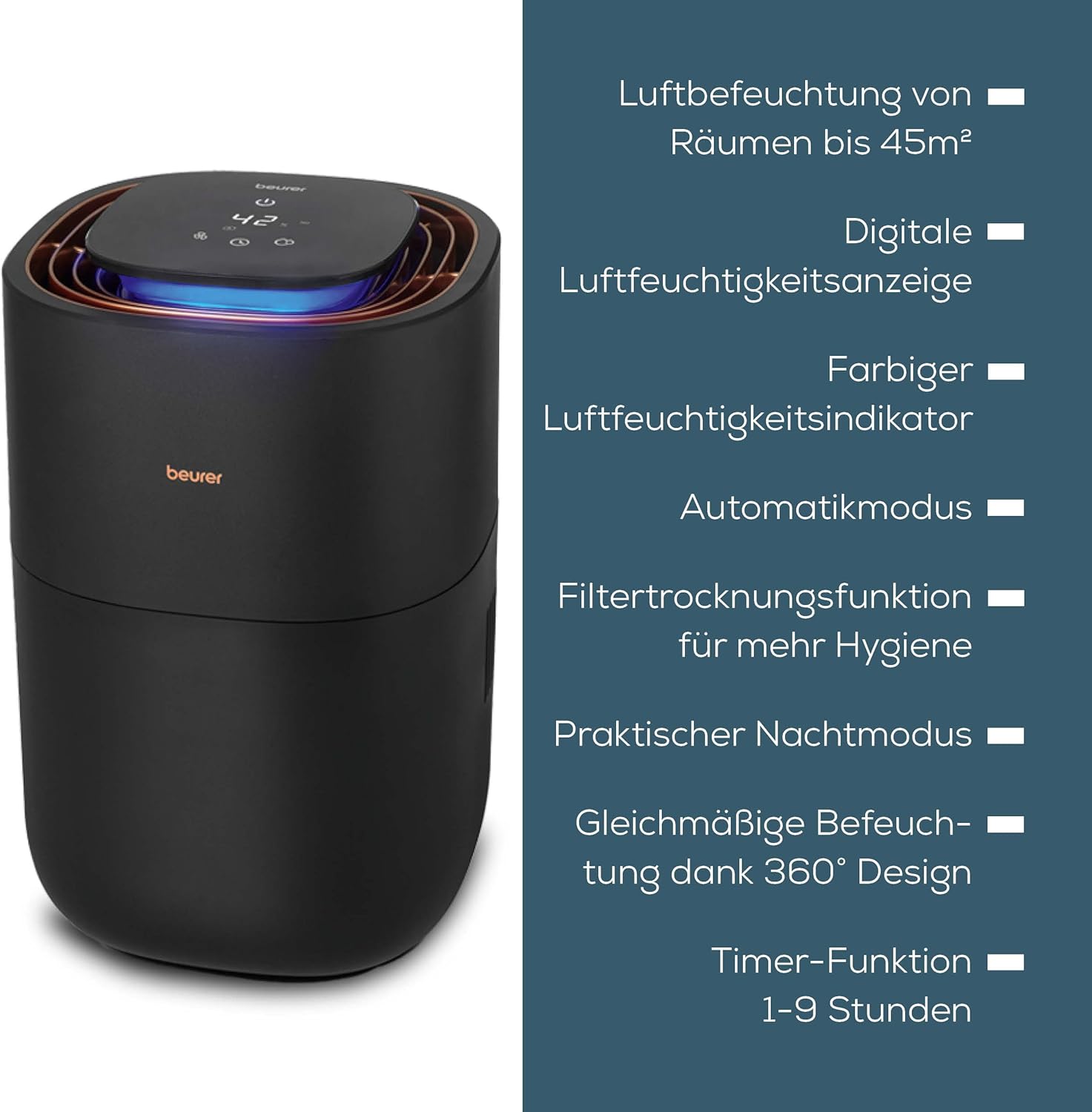Beurer LB 300 Plus Luftbefeuchter, TESTSIEGER Stiftung Warentest, mit energieeffizienter Kaltverdunstungstechnologie, farbiger Luftfeuchtigkeitsindikator, Filtertrocknungsfunktion, Räume bis ca. 45m²
