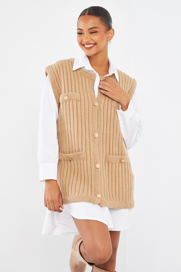 Gilet camel sans manches en maille