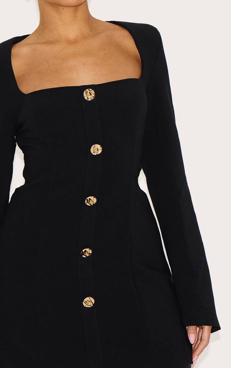Noir Robe Mini Ajustée À Encolure Carrée Avec Boutons Martelés Shape