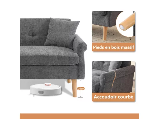 Canapé 2 places en tissu Chenille gris - avec 2 oreillers - accoudoirs rembourrés - 20cm pieds en bois massif -162x74x77cm
