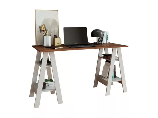 Bureau 2 Tréteaux 4 Niches Blanc et Châtaignier L 135 H 75 P 60 cm