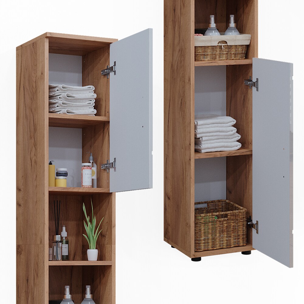 Vicco Hochschrank Badschrank Badezimmermöbel Irma Eiche Weiß Hochglanz modern 30x192 cm Badkommode Badezimmer Schrank Badmöbel 2 Türen 6 Fächer