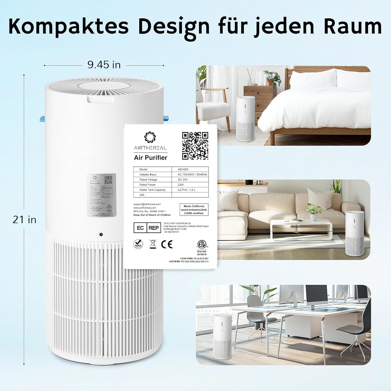Airthereal 2-in-1 Luftreiniger mit Luftbefeuchter für bis zu 125 m², 3-Stufen-Filter, Luftqualitätsanzeige, Schlafmodus und Verdunstungsbefeuchter mit automatischer Feuchtigkeitsüberwachung, AEH300