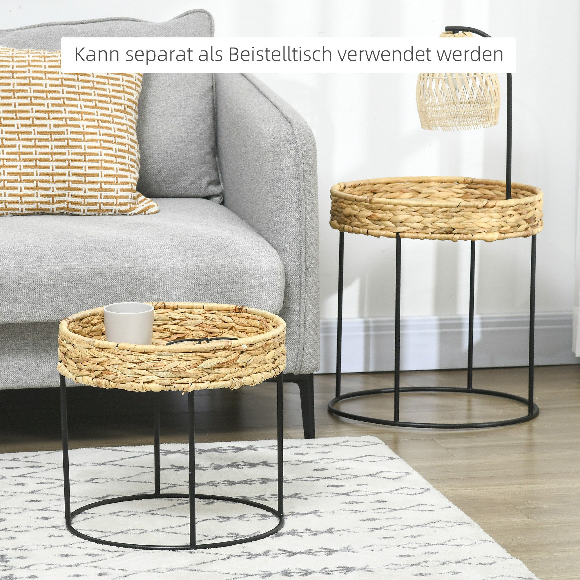 HOMCOM Couchtisch mit handgeflochtene Wasserhyazinthen-Tischplatte schwarz, natur Ø45 x 46H cm