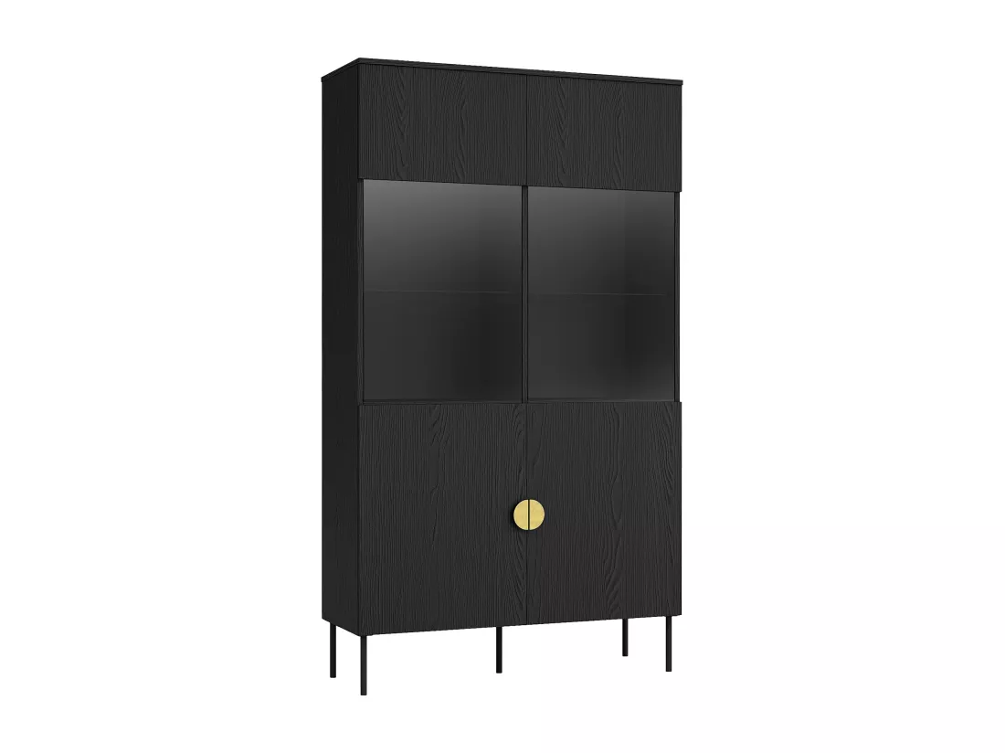 Vitrine 2 portes et 4 niches avec LEDs - Noir et doré - NATANIEL