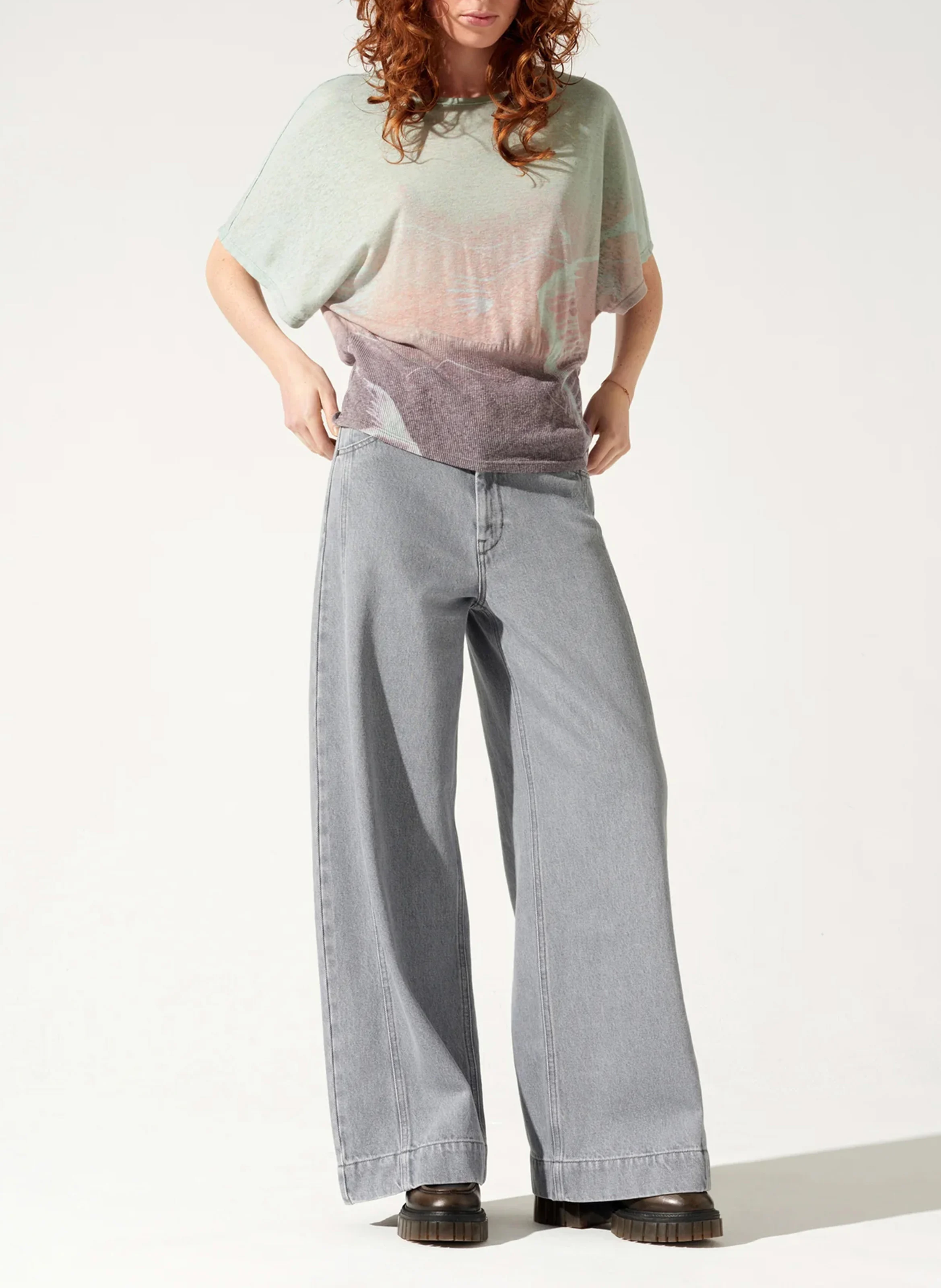 Tee-shirt col bateau droit en lin mélangé | Gris