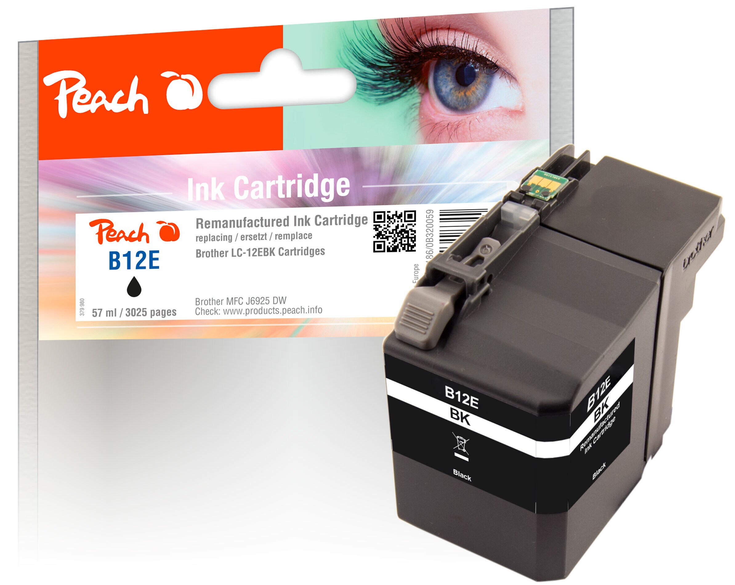 Peach B12 EBK Druckerpatrone bk ersetzt Brother LC-12EBK für z.B. Brother MFCJ 6925 DW (wiederaufbereitet)