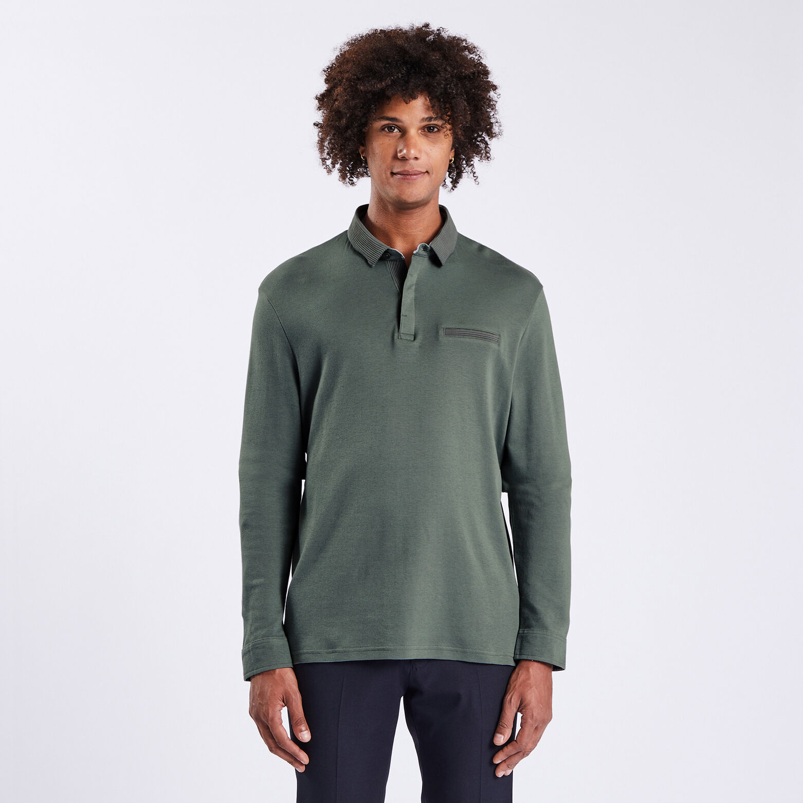 Polo manches longues interlock uni Vert kaki