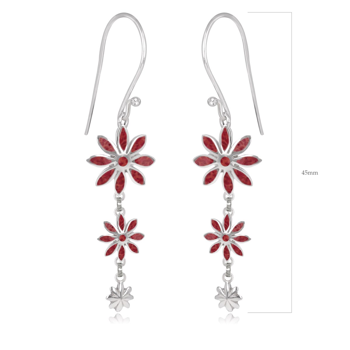 Pendants d'Oreille à Trois Fleurs en Corail Rouge & Argent Massif | Aden