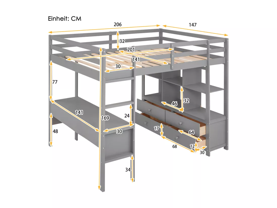 Lit mezzanine 140x200cm pour enfant - lit surélevé avec tiroirs de rangement, bureau et bibliothèque de rangement sous le lit - gris