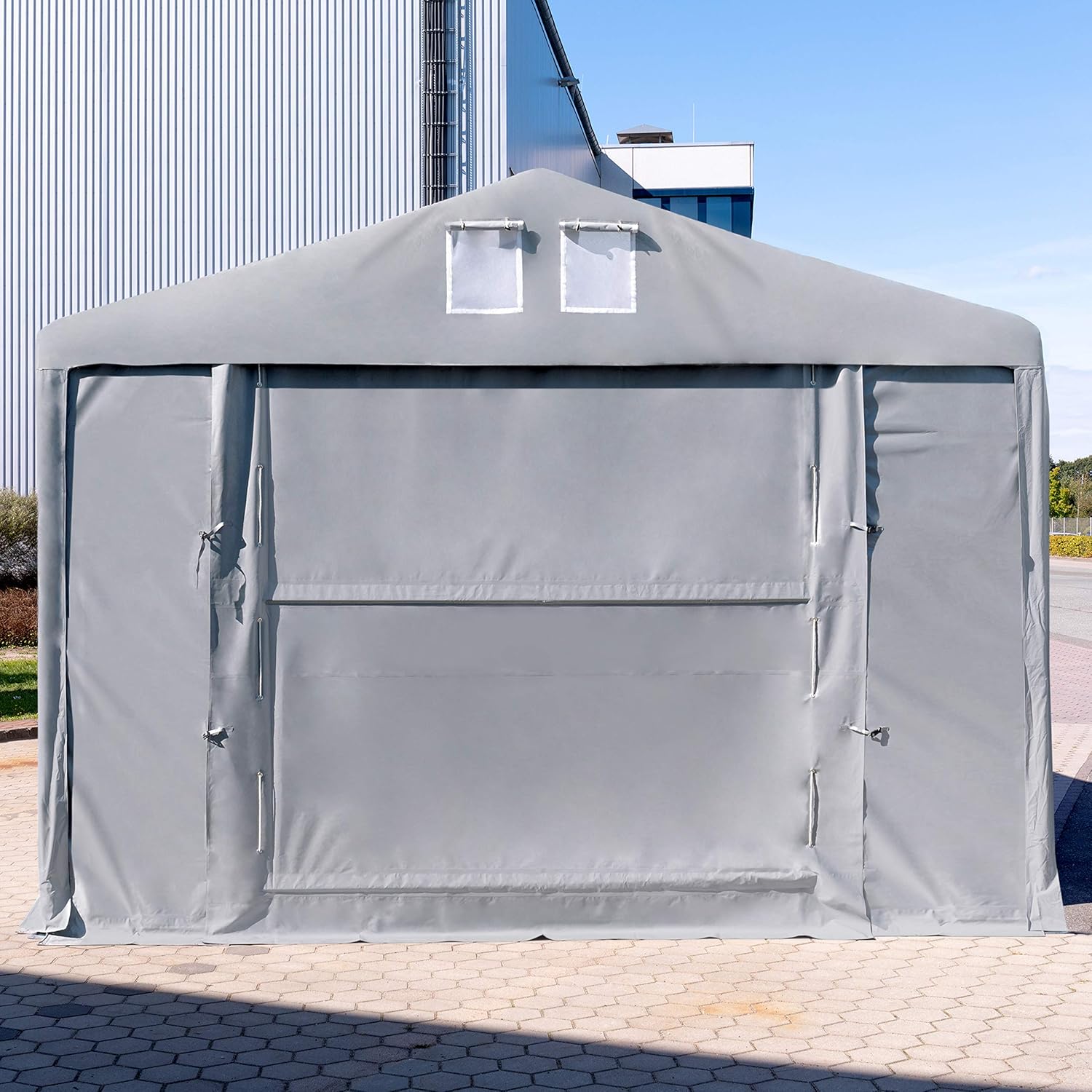 TOOLPORT Lagerzelt Industriezelt 4x8 m Zelthalle mit 3m Seitenhöhe PVC Plane 850 N grau wasserdicht Ganzjahreszelt mit Hochziehtor