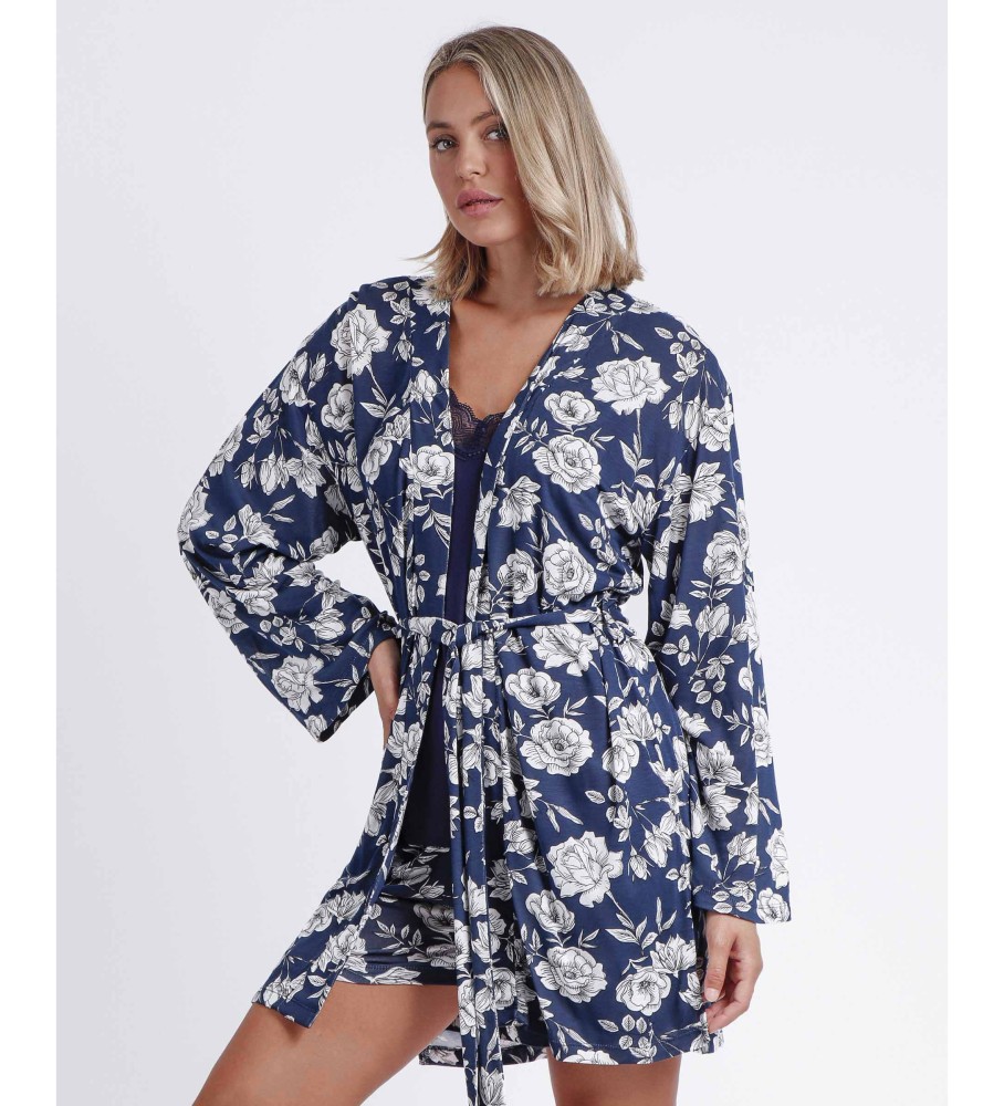 Robe Admas de manga comprida com estampa floral azul-marinho