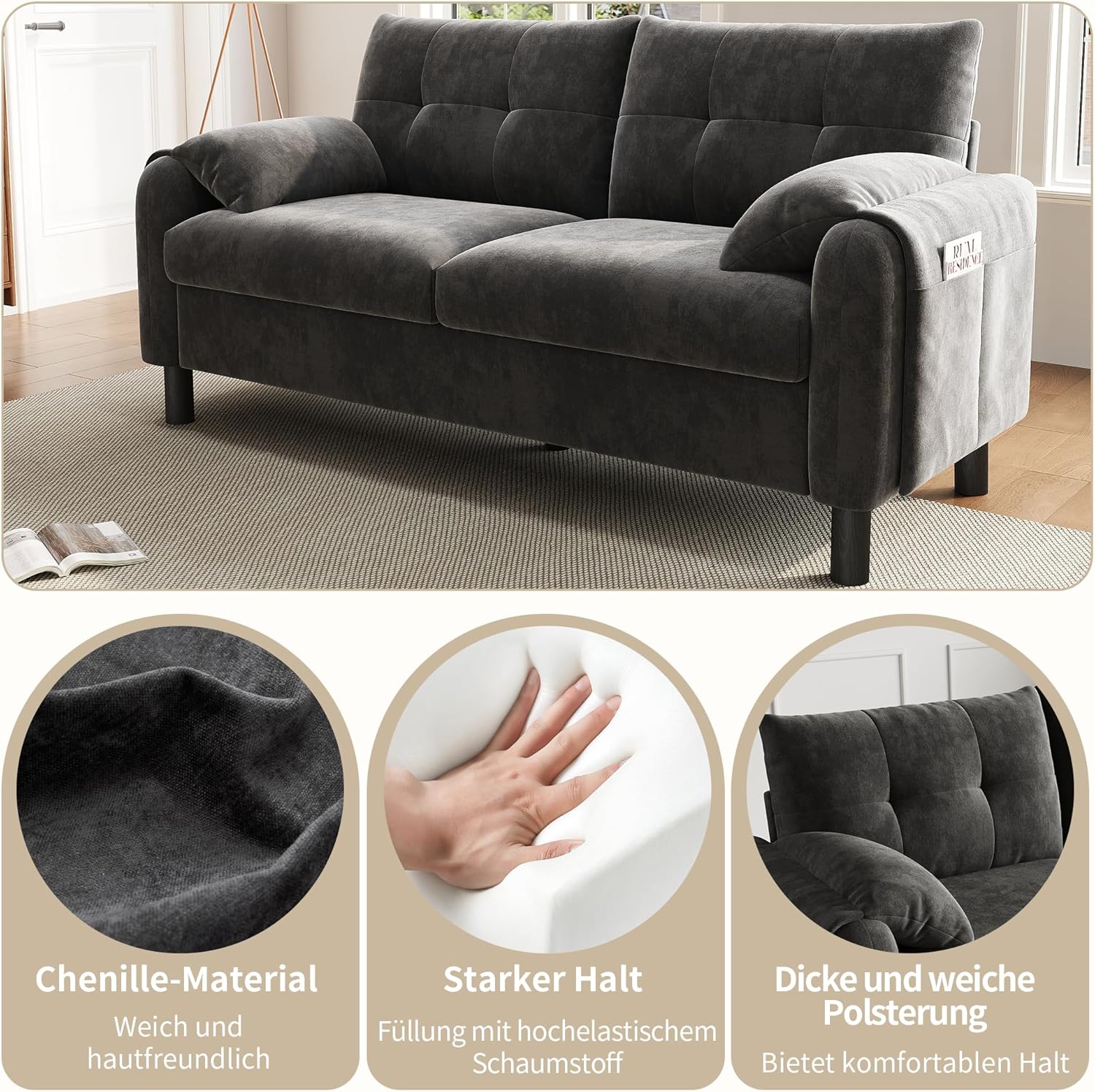 Sofa mit Schlaffunktion, Sofa 2 Sitzer, Bequemes Polstersofa aus Chenille Stoff mit Dicken Kissen, Gemütliche Couch für Wohnzimmer, Schlafzimmer, Kleine Wohnung, Grau