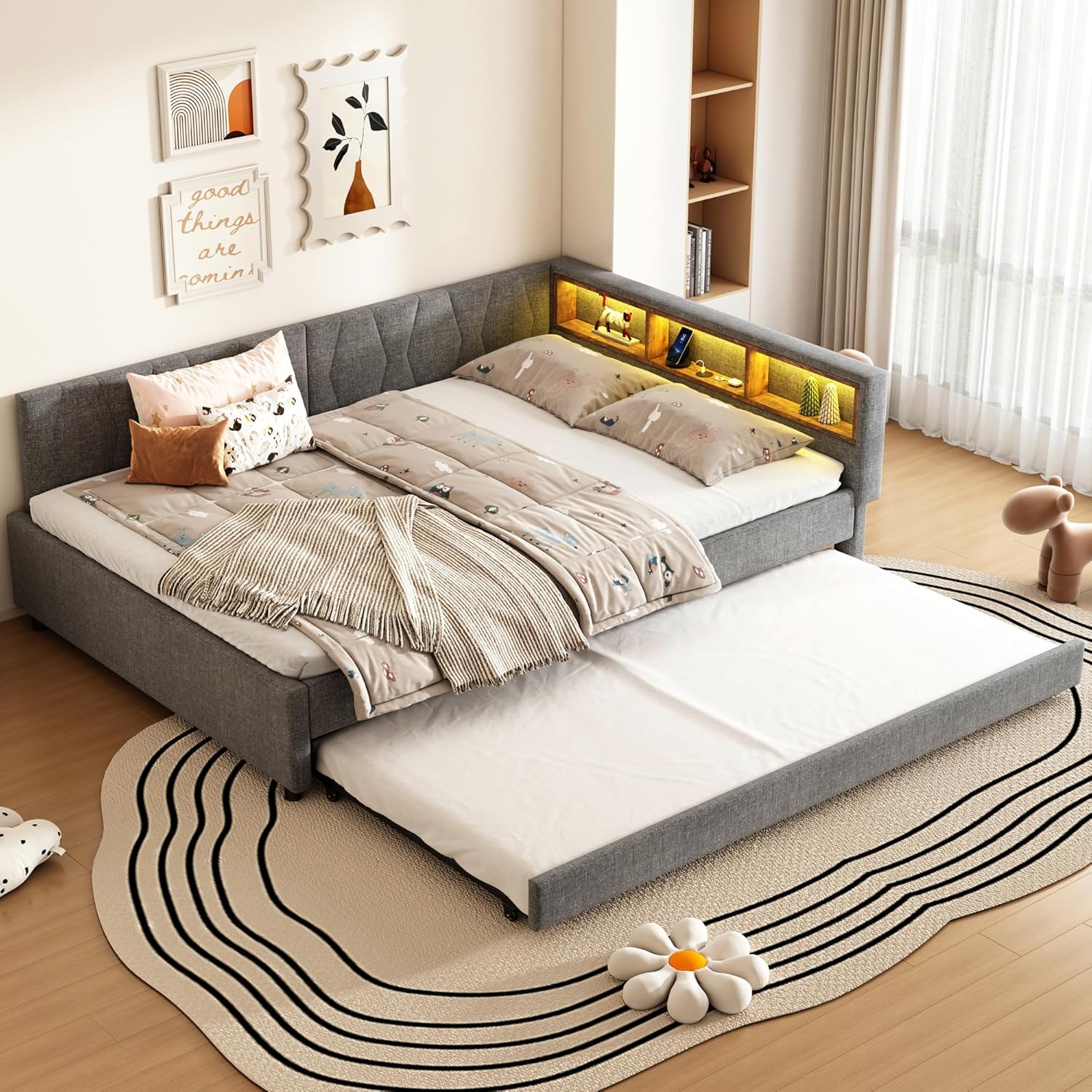 Polsterbett Schlafsofa 140x200, Doppelbett mit Ausziehbett, Daybett mit LED Staufach, Tagesbett mit USB Typ C Ladefunktion, Jugendbett Kinderbett Gästebett, Leinen, ohne Matratze, Grau