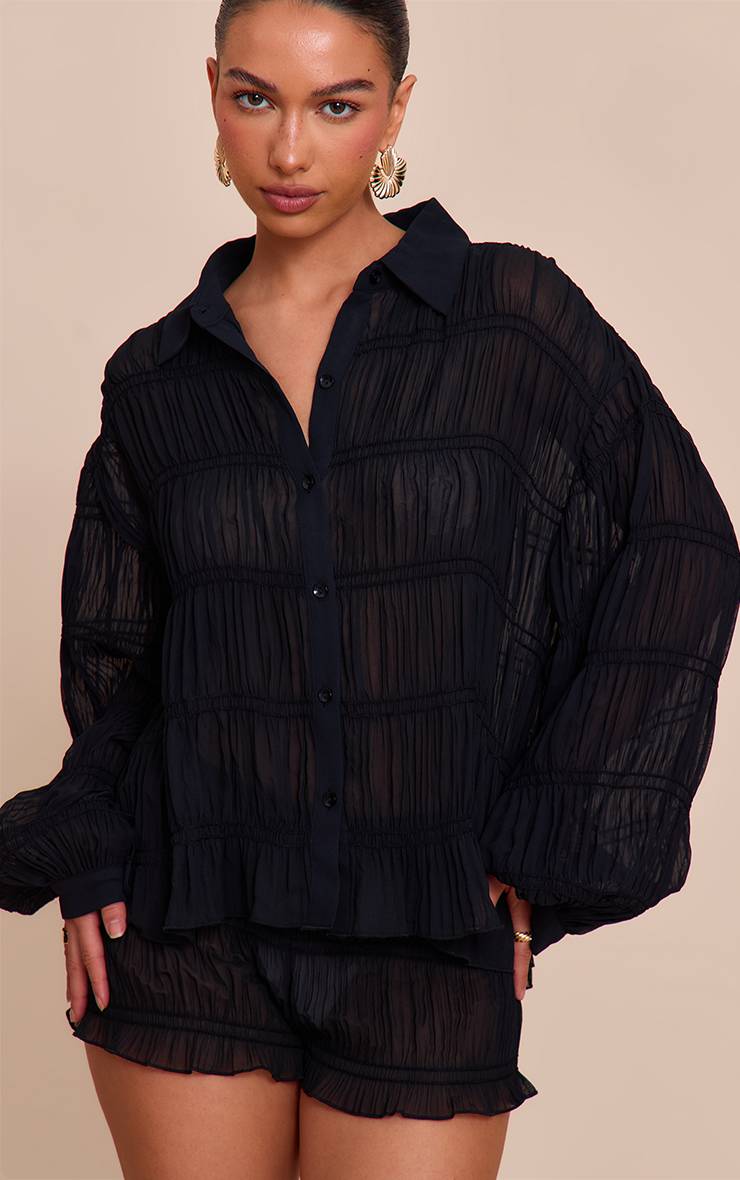Noir Ensemble Coordonné Chemise Froncée En Mousseline