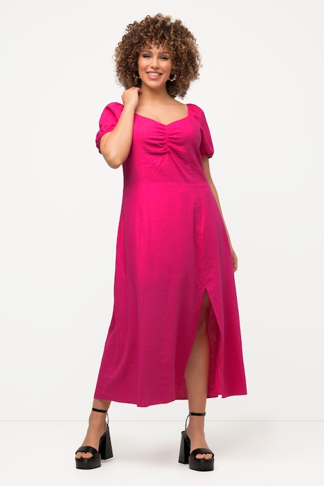 Midikleid, Leinenmix, Smokdetail, Herzausschnitt, Halbarm