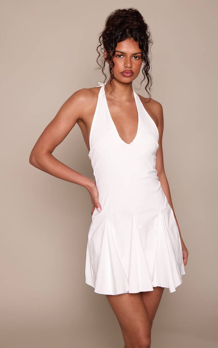 Blanc Robe Mini Droite À Godets Et Col Licou En Tissu Tissé