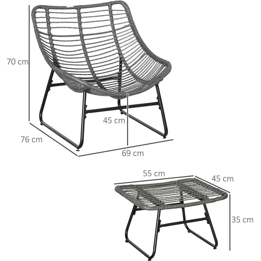 Outsunny Rattansessel-Set mit Fußhocker grau
