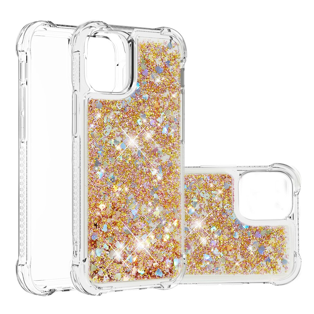 iPhone 13 Hardcase Hülle mit Air Cushion Fallschutz Liquid Case Glitzer Herzen - Gold / Transparent