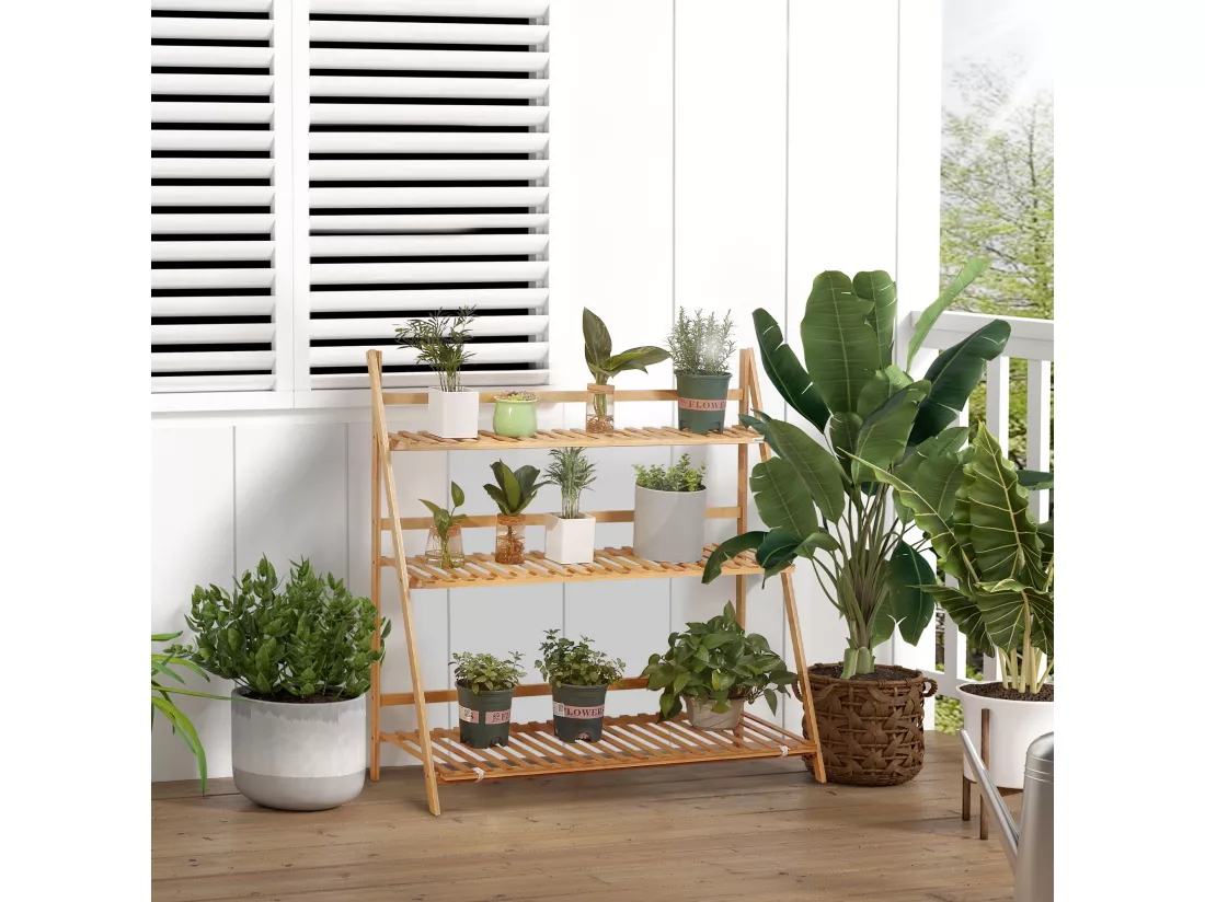 Étagère échelle à fleurs en bois de bambou - porte plantes pliable bois 3 étagères à lattes